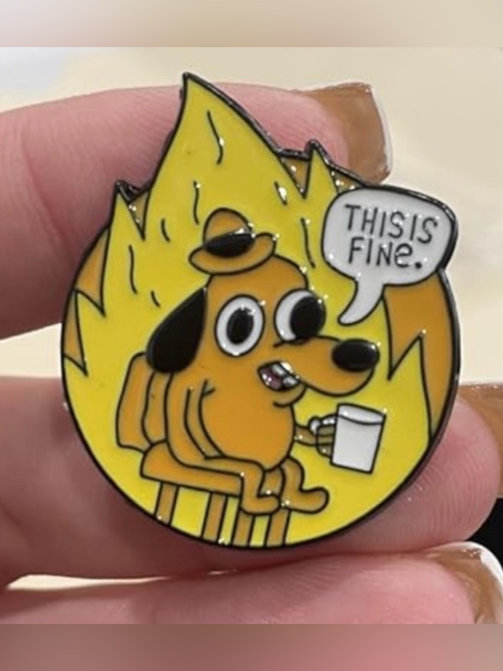 NEW “This Is Fine” Enamel Pin Fire Dog Meme Design Funny Cute
